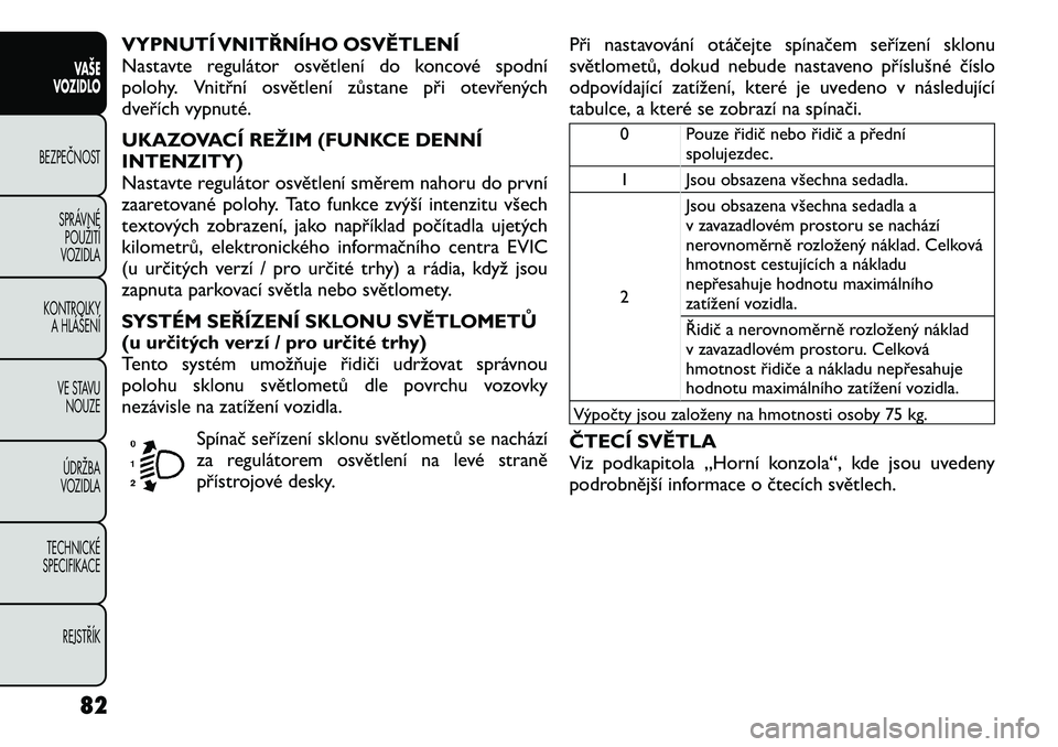 FIAT FREEMONT 2012 Návod k použití a údržbě (in Czech) VYPNUTÍ VNITŘNÍHO OSVĚTLENÍ
Nastavte regulátor osvětlení do koncové spodní
polohy. Vnitřní osvětlení zůstane při otevřených
dveřích vypnuté.
UKAZOVACÍ REŽIM (FUNKCE DENNÍ INT FIAT FREEMONT 2012 Návod k použití a údržbě (in Czech) VYPNUTÍ VNITŘNÍHO OSVĚTLENÍ
Nastavte regulátor osvětlení do koncové spodní
polohy. Vnitřní osvětlení zůstane při otevřených
dveřích vypnuté.
UKAZOVACÍ REŽIM (FUNKCE DENNÍ INT