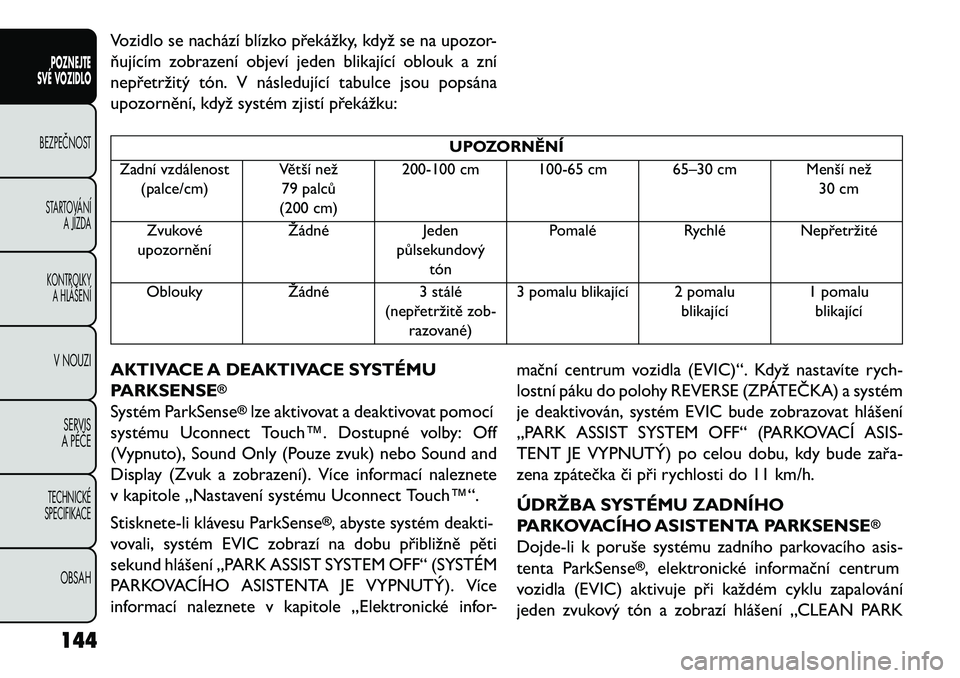 FIAT FREEMONT 2013 Návod k použití a údržbě (in Czech) Vozidlo se nachází blízko překážky, když se na upozor-
ňujícím zobrazení objeví jeden blikající oblouk a zní
nepřetržitý tón. V následující tabulce jsou popsána
upozornění, kd FIAT FREEMONT 2013 Návod k použití a údržbě (in Czech) Vozidlo se nachází blízko překážky, když se na upozor-
ňujícím zobrazení objeví jeden blikající oblouk a zní
nepřetržitý tón. V následující tabulce jsou popsána
upozornění, kd
