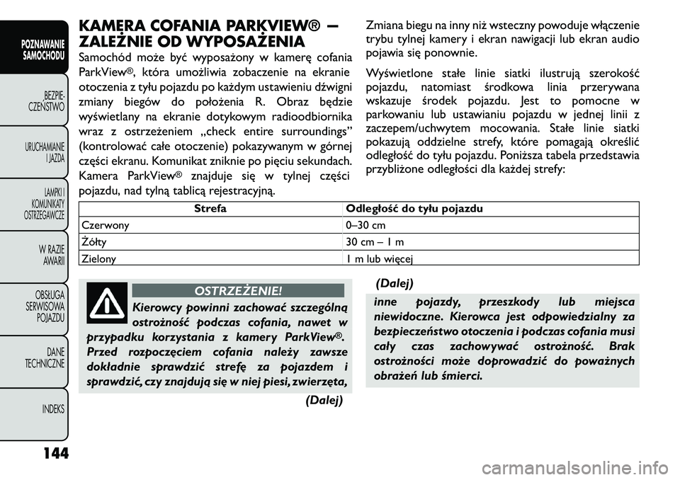 FIAT FREEMONT 2011 Instrukcja obsługi (in Polish) KAMERA COFANIA PARKVIEW® —
ZALEŻNIE OD WYPOSAŻENIA
Samochód może być wyposażony w kamerę cofania
ParkView
®, która umożliwia zobaczenie na ekranie
otoczenia z tyłu pojazdu po każdym FIAT FREEMONT 2011 Instrukcja obsługi (in Polish) KAMERA COFANIA PARKVIEW® —
ZALEŻNIE OD WYPOSAŻENIA
Samochód może być wyposażony w kamerę cofania
ParkView
®, która umożliwia zobaczenie na ekranie
otoczenia z tyłu pojazdu po każdym