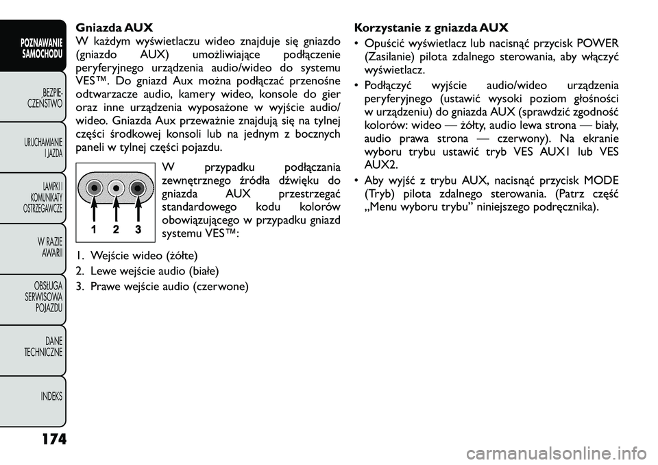 FIAT FREEMONT 2012  Instrukcja obsługi (in Polish) Gniazda AUX 
W każdym wyświetlaczu wideo znajduje się gniazdo
(gniazdo AUX) umożliwiające podłączenie
peryferyjnego urządzenia audio/wideo do systemu
VES™. Do gniazd Aux można podłączać 