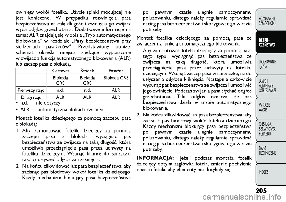 FIAT FREEMONT 2012 Instrukcja obsługi (in Polish) owinięty wokół fotelika. Użycie spinki mocującej nie
jest konieczne. W przypadku rozwinięcia pasa
bezpieczeństwa na całą długość i zwinięciu go zwijacz
wyda odgłos grzechotania. Dodatko FIAT FREEMONT 2012 Instrukcja obsługi (in Polish) owinięty wokół fotelika. Użycie spinki mocującej nie
jest konieczne. W przypadku rozwinięcia pasa
bezpieczeństwa na całą długość i zwinięciu go zwijacz
wyda odgłos grzechotania. Dodatko