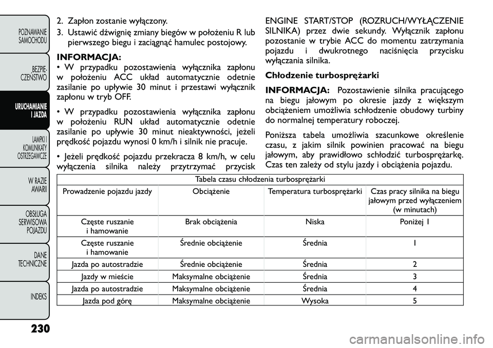 FIAT FREEMONT 2012 Instrukcja obsługi (in Polish) 2. Zapłon zostanie wyłączony.
3. Ustawić dźwignię zmiany biegów w położeniu R lubpierwszego biegu i zaciągnąć hamulec postojowy.
INFORMACJA:
• W przypadku pozostawienia wyłącznika za FIAT FREEMONT 2012 Instrukcja obsługi (in Polish) 2. Zapłon zostanie wyłączony.
3. Ustawić dźwignię zmiany biegów w położeniu R lubpierwszego biegu i zaciągnąć hamulec postojowy.
INFORMACJA:
• W przypadku pozostawienia wyłącznika za