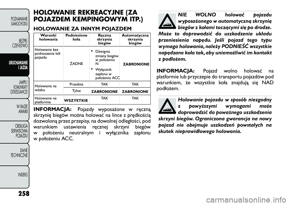FIAT FREEMONT 2012  Instrukcja obsługi (in Polish) HOLOWANIE REKREACYJNE (ZA 
POJAZDEM KEMPINGOWYM ITP.) 
HOLOWANIE ZA INNYM POJAZDEM
Warunki
holowania Podniesione
koła Ręczna
skrzynia biegów Automatyczna
skrzyniabiegów
Holowanie bez 
podnoszenia 