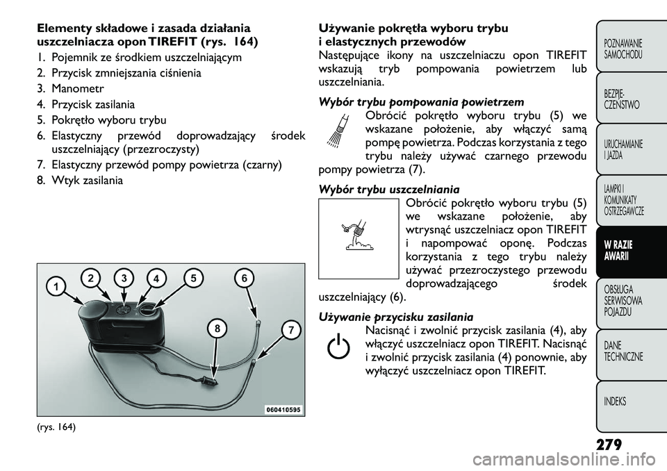 FIAT FREEMONT 2012  Instrukcja obsługi (in Polish) Elementy składowe i zasada działania 
uszczelniacza opon TIREFIT (rys. 164) 
1. Pojemnik ze środkiem uszczelniającym
2. Przycisk zmniejszania ciśnienia
3. Manometr
4. Przycisk zasilania
5. Pokrę