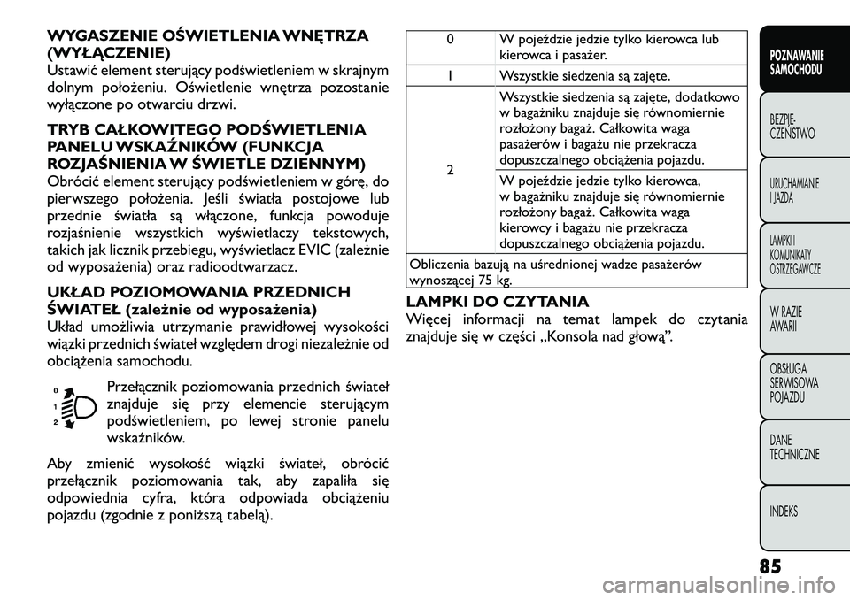 FIAT FREEMONT 2012 Instrukcja obsługi (in Polish) WYGASZENIE OŚWIETLENIA WNĘTRZA
(WYŁĄCZENIE)
Ustawić element sterujący podświetleniem w skrajnym
dolnym położeniu. Oświetlenie wnętrza pozostanie
wyłączone po otwarciu drzwi.
TRYB CAŁKO FIAT FREEMONT 2012 Instrukcja obsługi (in Polish) WYGASZENIE OŚWIETLENIA WNĘTRZA
(WYŁĄCZENIE)
Ustawić element sterujący podświetleniem w skrajnym
dolnym położeniu. Oświetlenie wnętrza pozostanie
wyłączone po otwarciu drzwi.
TRYB CAŁKO