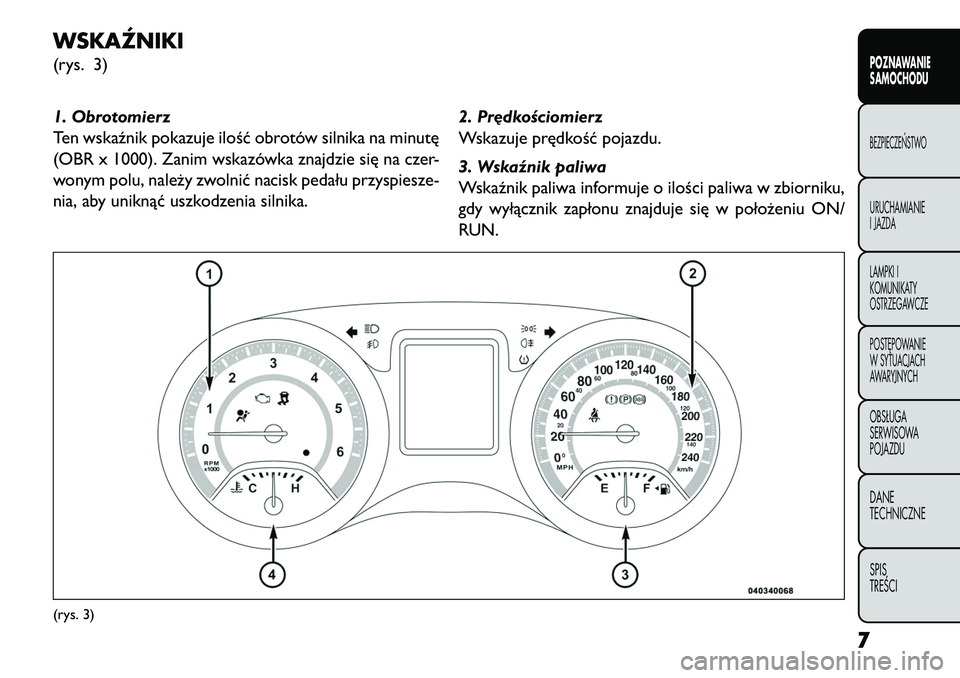 FIAT FREEMONT 2013  Instrukcja obsługi (in Polish) WSKAŹNIKI(rys. 3)
1. Obrotomierz
Ten wskaźnik pokazuje ilość obrotów silnika na minutę
(OBR x 1000). Zanim wskazówka znajdzie się na czer-
wonym polu, należy zwolnić nacisk pedału przyspies