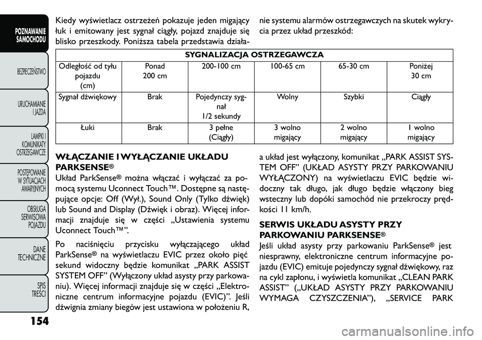 FIAT FREEMONT 2013  Instrukcja obsługi (in Polish) Kiedy wyświetlacz ostrzeżeń pokazuje jeden migający
łuk i emitowany jest sygnał ciągły, pojazd znajduje się
blisko przeszkody. Poniższa tabela przedstawia działa-nie systemu alarmów ostrze