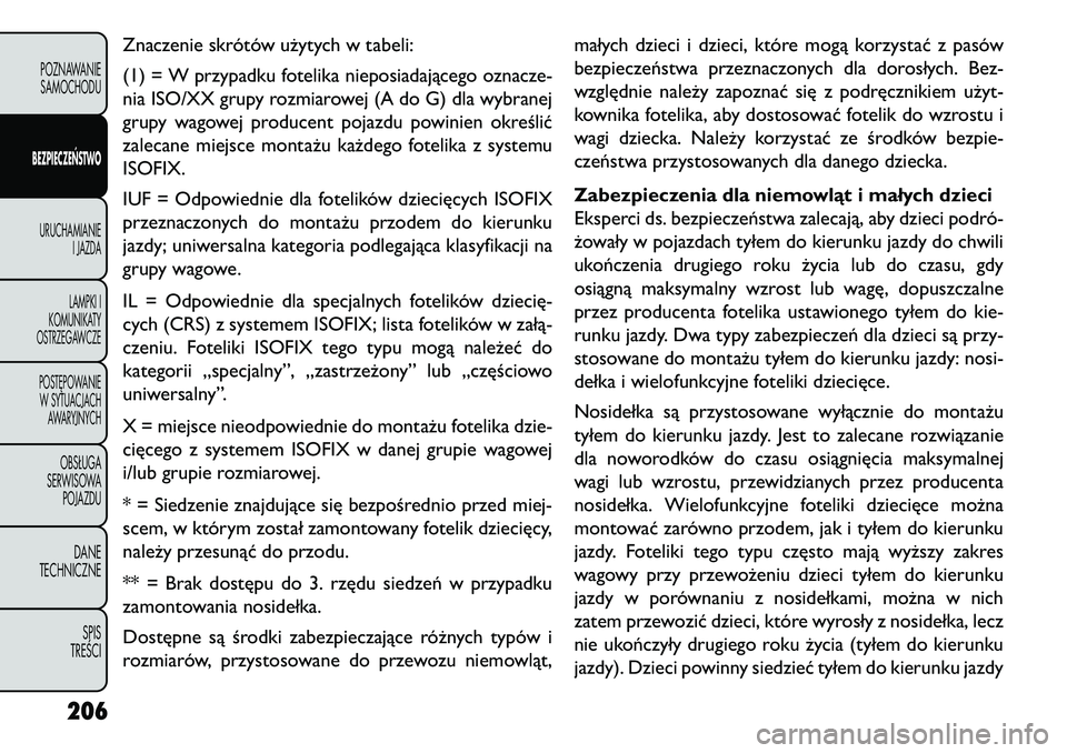 FIAT FREEMONT 2013 Instrukcja obsługi (in Polish) Znaczenie skrótów użytych w tabeli:
(1) = W przypadku fotelika nieposiadającego oznacze-
nia ISO/XX grupy rozmiarowej (A do G) dla wybranej
grupy wagowej producent pojazdu powinien określić
zale FIAT FREEMONT 2013 Instrukcja obsługi (in Polish) Znaczenie skrótów użytych w tabeli:
(1) = W przypadku fotelika nieposiadającego oznacze-
nia ISO/XX grupy rozmiarowej (A do G) dla wybranej
grupy wagowej producent pojazdu powinien określić
zale