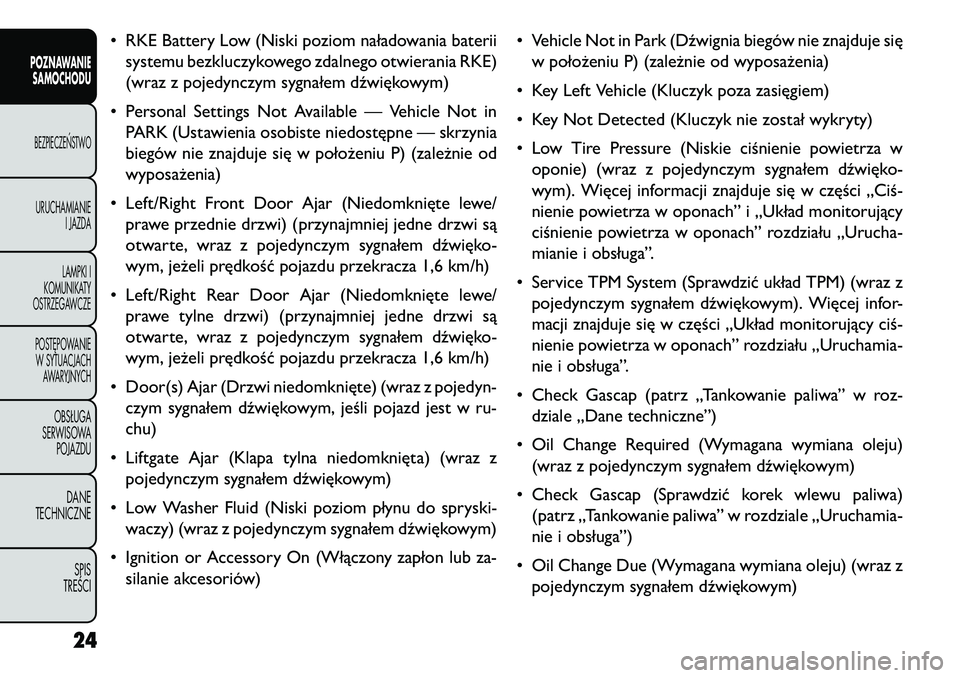 FIAT FREEMONT 2013  Instrukcja obsługi (in Polish) • RKE Battery Low (Niski poziom naładowania bateriisystemu bezkluczykowego zdalnego otwierania RKE)
(wraz z pojedynczym sygnałem dźwiękowym)
• Personal Settings Not Available — Vehicle Not i