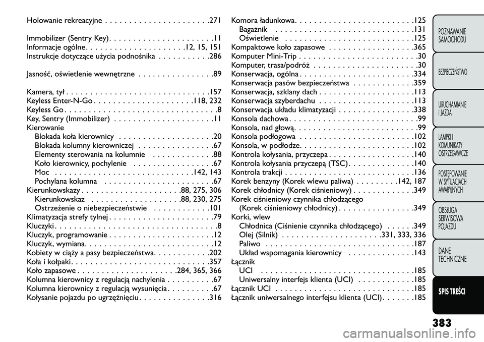 FIAT FREEMONT 2013  Instrukcja obsługi (in Polish) Holowanie rekreacyjne..................... .271
Immobilizer (Sentry Key) ......................11
Informacje ogólne .................... .12, 15, 151
Instrukcje dotyczące użycia podnośnika .......