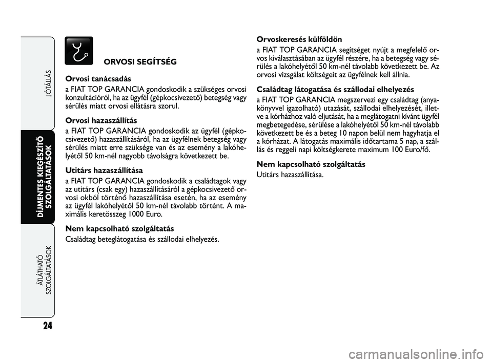 FIAT FREEMONT 2012  Kezelési és karbantartási útmutató (in Hungarian) 24
JÓTÁLLÁS
DÍJMENTES KIEGÉSZÍTŐ
SZOLGÁL
 TATÁSOK
ÁTLÁTHATÓ 
SZ

OLGÁLTATÁSOK
ORVOSI SEGÍTSÉG
Orvosi tanácsadás 
a FIAT TOP GARANCIA gondoskodik a szükséges orvosi
konzultációró