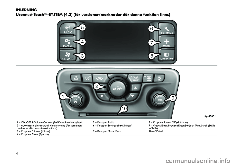 FIAT FREEMONT 2013  Drift- och underhållshandbok (in Swedish) INLEDNING
Uconnect Touch™­SYSTEM (4.3) (för versioner/marknader där denna funktion finns)1 – ON/OFF & Volume Control (PÅ/AV- och volymreglage) 5 – Knappen Radio8 – Knappen Screen Off (skä