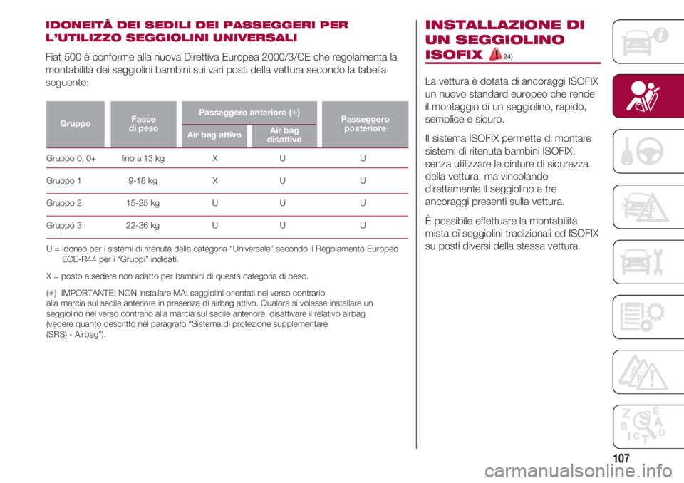 FIAT 500 2018  Libretto Uso Manutenzione (in Italian) 107
IDONEITÀ DEI SEDILI DEI PASSEGGERI PER
L’UTILIZZO SEGGIOLINI UNIVERSALI
Fiat 500 è conforme alla nuova Direttiva Europea 2000/3/CE che regolamenta la
montabilità dei seggiolini bambini sui va