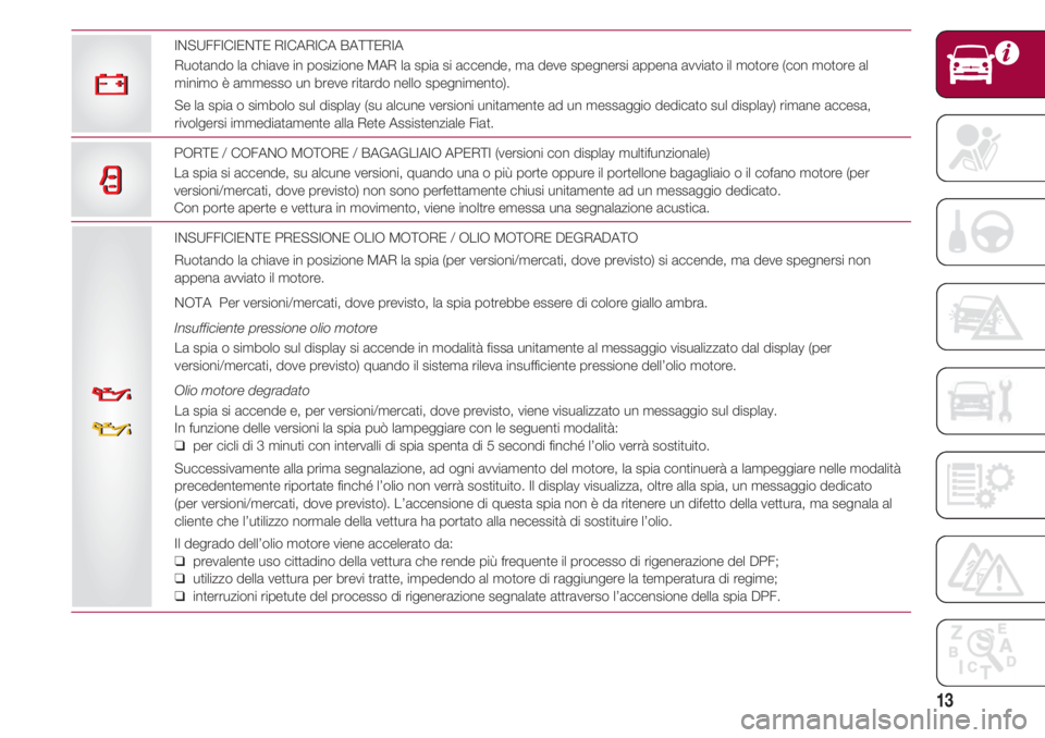 FIAT 500 2018  Libretto Uso Manutenzione (in Italian) 13
INSUFFICIENTE PRESSIONE OLIO MOTORE / OLIO MOTORE DEGRADATO
Ruotando la chiave in posizione MAR la spia (per versioni/mercati, dove previsto) si accende, ma deve spegnersi non
appena avviato il mot