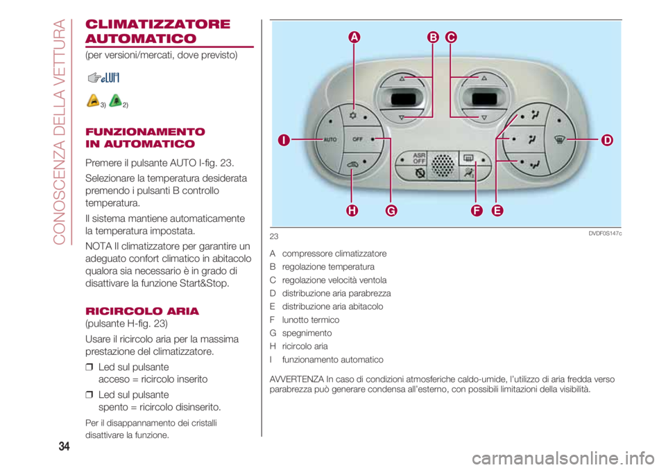 FIAT 500 2018 Libretto Uso Manutenzione (in Italian) CONOSCENZA DELLA VETTURA
34
CLIMATIZZATORE
AUTOMATICO
(per versioni/mercati, dove previsto)
3) 2)
FUNZIONAMENTO
IN AUTOMATICO
Premere il pulsante AUTO I-fig. 23.
Selezionare la temperatura desiderata FIAT 500 2018 Libretto Uso Manutenzione (in Italian) CONOSCENZA DELLA VETTURA
34
CLIMATIZZATORE
AUTOMATICO
(per versioni/mercati, dove previsto)
3) 2)
FUNZIONAMENTO
IN AUTOMATICO
Premere il pulsante AUTO I-fig. 23.
Selezionare la temperatura desiderata