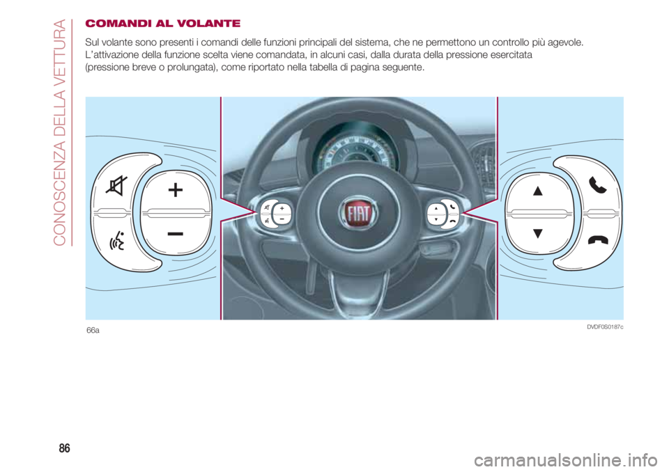 FIAT 500 2018 Libretto Uso Manutenzione (in Italian) CONOSCENZA DELLA VETTURA
86
COMANDI AL VOLANTE
Sul volante sono presenti i comandi delle funzioni principali del sistema, che ne permettono un controllo più agevole.
L’attivazione della funzione sc FIAT 500 2018 Libretto Uso Manutenzione (in Italian) CONOSCENZA DELLA VETTURA
86
COMANDI AL VOLANTE
Sul volante sono presenti i comandi delle funzioni principali del sistema, che ne permettono un controllo più agevole.
L’attivazione della funzione sc