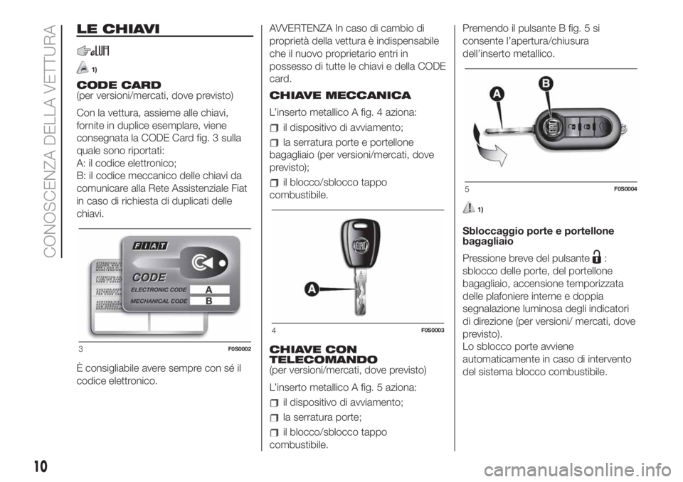 FIAT 500 2020  Libretto Uso Manutenzione (in Italian) LE CHIAVI
1)
CODE CARD
(per versioni/mercati, dove previsto)
Con la vettura, assieme alle chiavi,
fornite in duplice esemplare, viene
consegnata la CODE Card fig. 3 sulla
quale sono riportati:
A: il c