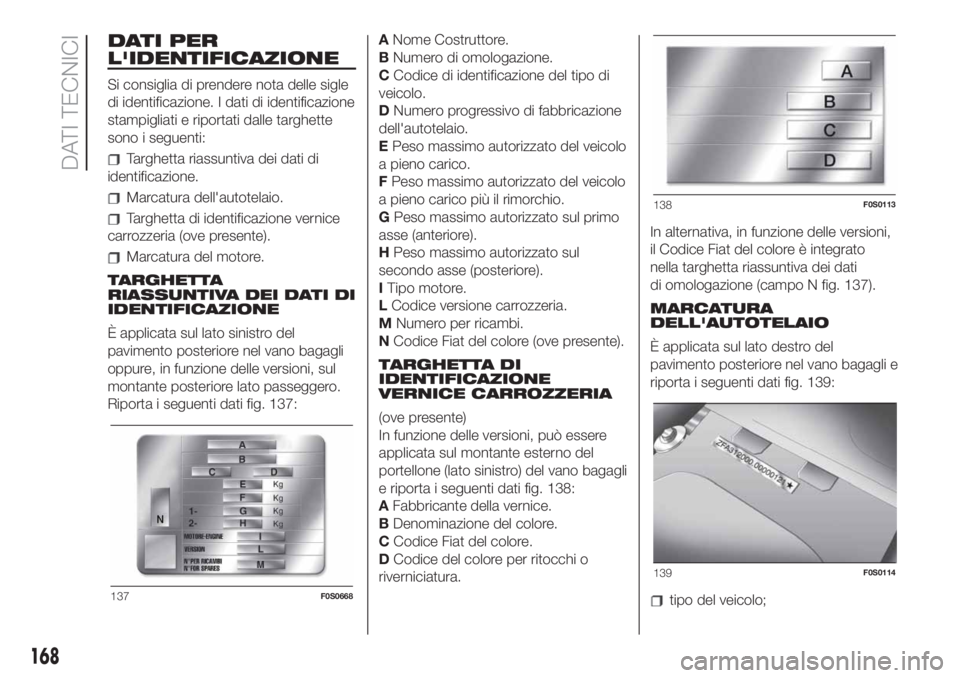 FIAT 500 2020  Libretto Uso Manutenzione (in Italian) DATI PER
L'IDENTIFICAZIONE
Si consiglia di prendere nota delle sigle
di identificazione. I dati di identificazione
stampigliati e riportati dalle targhette
sono i seguenti:
Targhetta riassuntiva d