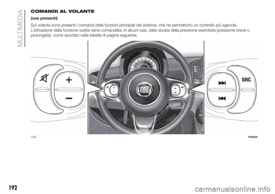 FIAT 500 2020  Libretto Uso Manutenzione (in Italian) COMANDI AL VOLANTE
(ove presenti)
Sul volante sono presenti i comandi delle funzioni principali del sistema, che ne permettono un controllo più agevole.
L’attivazione della funzione scelta viene co