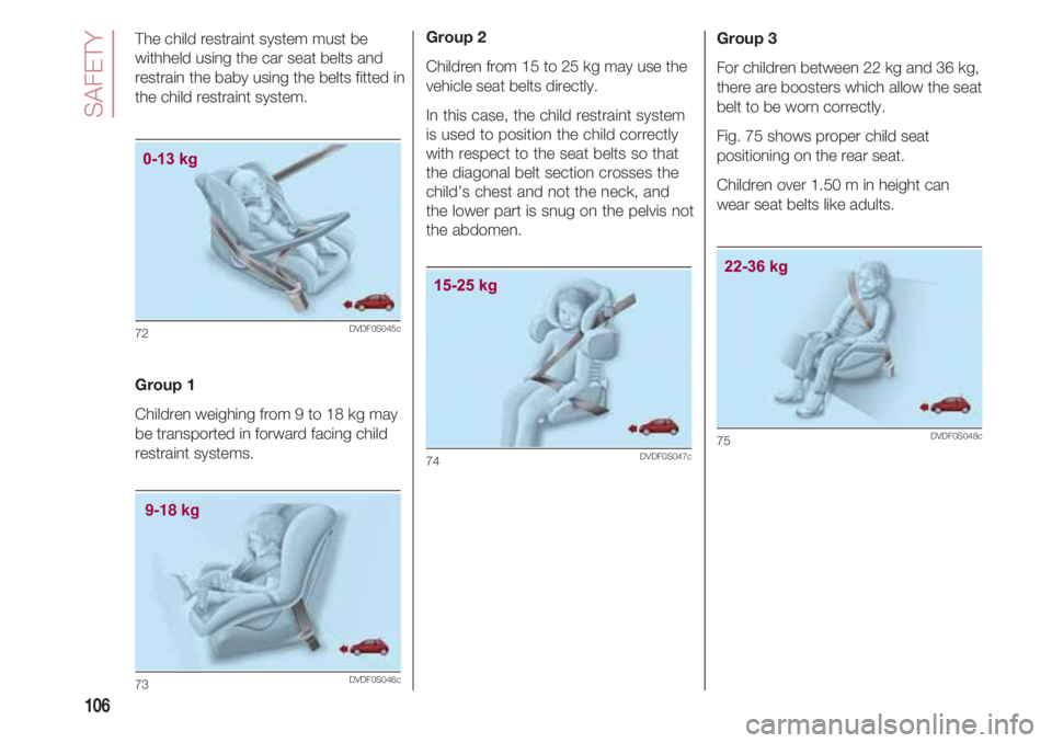 FIAT 500 2018 Owner handbook (in English) SAFETY
106
The child restraint system must be
withheld using the car seat belts and
restrain the baby using the belts fitted in
the child restraint system.
Group 1
Children weighing from 9 to 18 kg ma FIAT 500 2018 Owner handbook (in English) SAFETY
106
The child restraint system must be
withheld using the car seat belts and
restrain the baby using the belts fitted in
the child restraint system.
Group 1
Children weighing from 9 to 18 kg ma