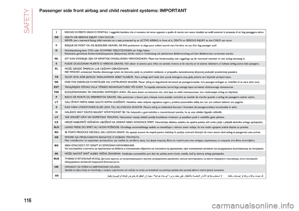 FIAT 500 2018 Owner handbook (in English) SAFETY
116
Passenger side front airbag and child restraint systems: IMPORTANT FIAT 500 2018 Owner handbook (in English) SAFETY
116
Passenger side front airbag and child restraint systems: IMPORTANT