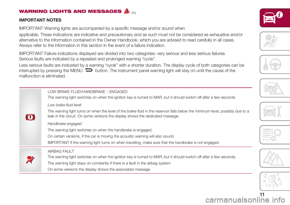 FIAT 500 2018  Owner handbook (in English) 11
WARNING LIGHTS AND MESSAGES 31) 
IMPORTANT NOTES
IMPORTANT Warning lights are accompanied by a specific message and/or sound when
applicable. These indications are indicative and precautionary and 