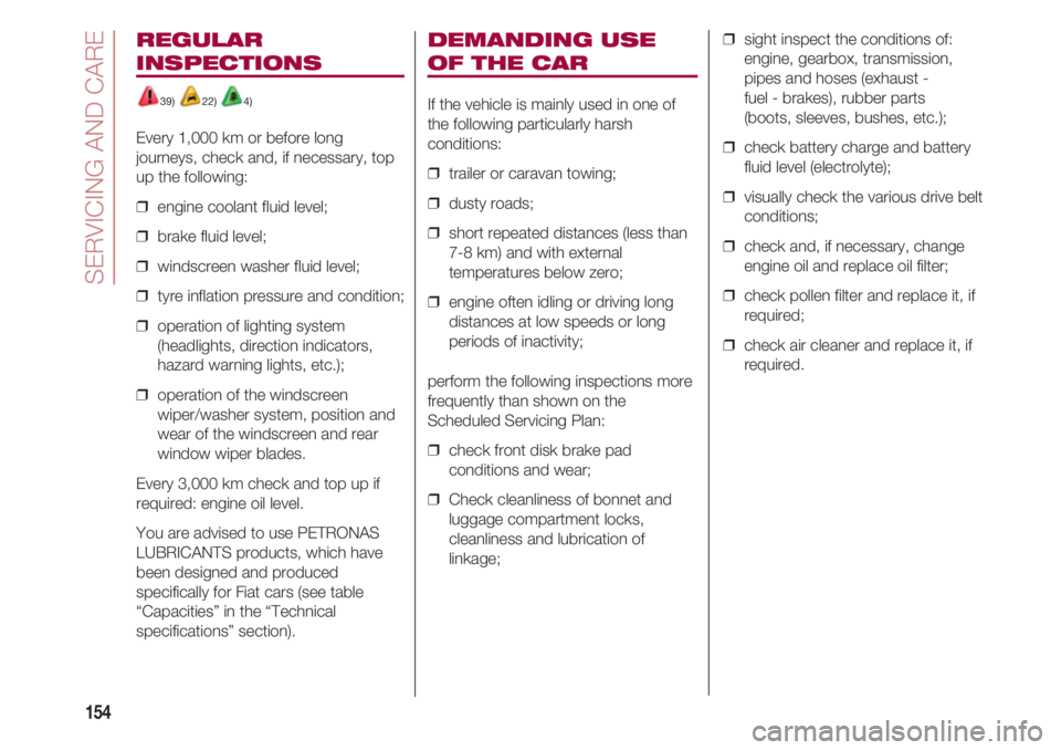 FIAT 500 2018  Owner handbook (in English) SERVICING AND CARE  
154
REGULAR
INSPECTIONS 
39) 22) 4) 
Every 1,000 km or before long
journeys, check and, if necessary, top
up the following:
❒  engine coolant fluid level; 
❒  brake fluid leve