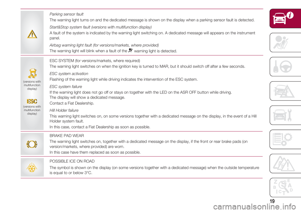 FIAT 500 2018 Owner handbook (in English) 19
ESC SYSTEM (for versions/markets, where required)
The warning light switches on when the ignition key is turned to MAR, but it should switch off after a few seconds.
ESC system activation
Flashing FIAT 500 2018 Owner handbook (in English) 19
ESC SYSTEM (for versions/markets, where required)
The warning light switches on when the ignition key is turned to MAR, but it should switch off after a few seconds.
ESC system activation
Flashing