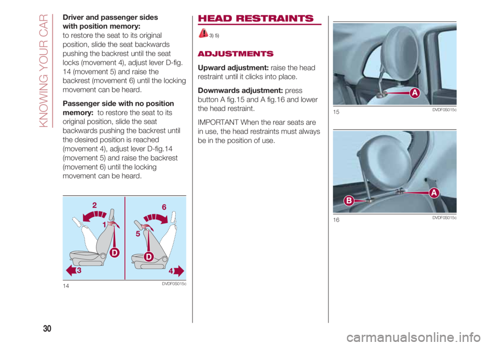 FIAT 500 2018 Owner handbook (in English) KNOWING YOUR CAR
30
Driver and passenger sides
with position memory:
to restore the seat to its original
position, slide the seat backwards
pushing the backrest until the seat
locks (movement 4), ad FIAT 500 2018 Owner handbook (in English) KNOWING YOUR CAR
30
Driver and passenger sides
with position memory:
to restore the seat to its original
position, slide the seat backwards
pushing the backrest until the seat
locks (movement 4), ad