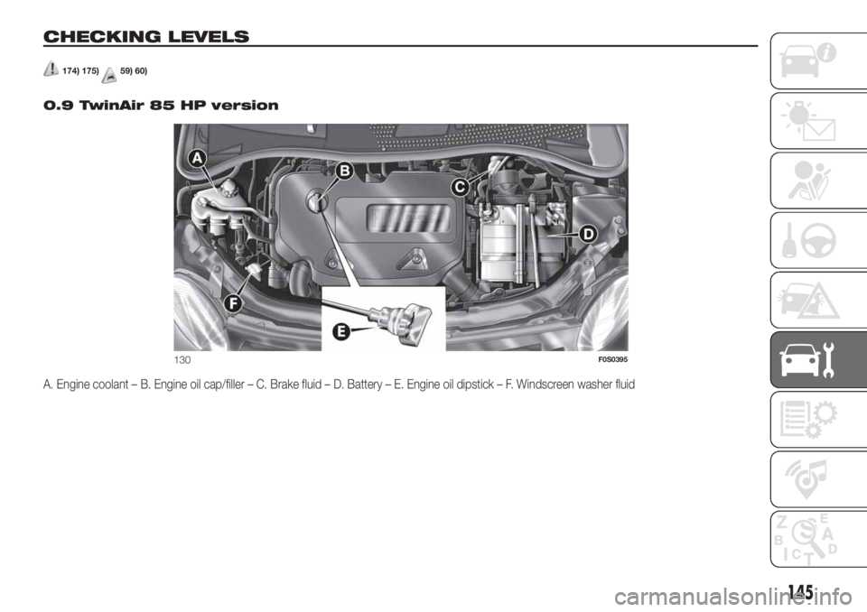 FIAT 500 2019  Owner handbook (in English) CHECKING LEVELS
174) 175)59) 60)
.
0.9 TwinAir 85 HP version
A. Engine coolant – B. Engine oil cap/filler – C. Brake fluid – D. Battery – E. Engine oil dipstick – F. Windscreen washer fluid
