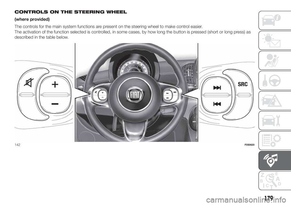 FIAT 500 2020 Owner handbook (in English) CONTROLS ON THE STEERING WHEEL
(where provided)
The controls for the main system functions are present on the steering wheel to make control easier.
The activation of the function selected is controll FIAT 500 2020 Owner handbook (in English) CONTROLS ON THE STEERING WHEEL
(where provided)
The controls for the main system functions are present on the steering wheel to make control easier.
The activation of the function selected is controll