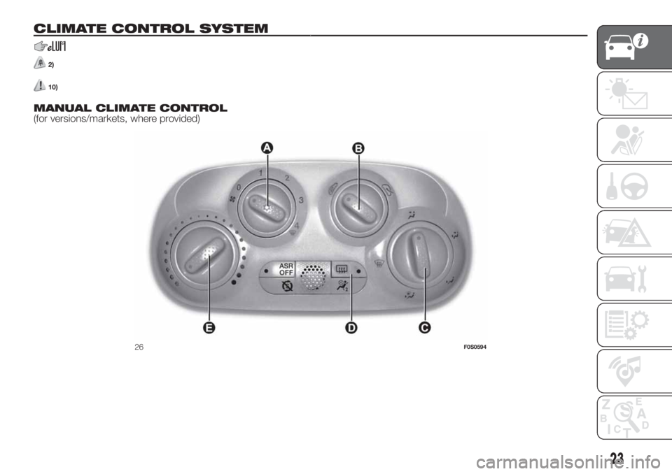 FIAT 500 2020 Owner handbook (in English) CLIMATE CONTROL SYSTEM.
2)
10).
MANUAL CLIMATE CONTROL
(for versions/markets, where provided)
26F0S0594
23 FIAT 500 2020 Owner handbook (in English) CLIMATE CONTROL SYSTEM.
2)
10).
MANUAL CLIMATE CONTROL
(for versions/markets, where provided)
26F0S0594
23