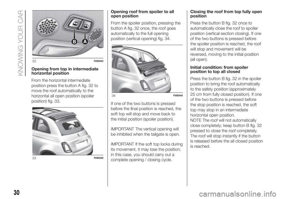FIAT 500 2020 Owner handbook (in English) Opening from top in intermediate
horizontal position
From the horizontal intermediate
position press the button A fig. 32 to
move the roof automatically to the
horizontal all open position (spoiler
po FIAT 500 2020 Owner handbook (in English) Opening from top in intermediate
horizontal position
From the horizontal intermediate
position press the button A fig. 32 to
move the roof automatically to the
horizontal all open position (spoiler
po