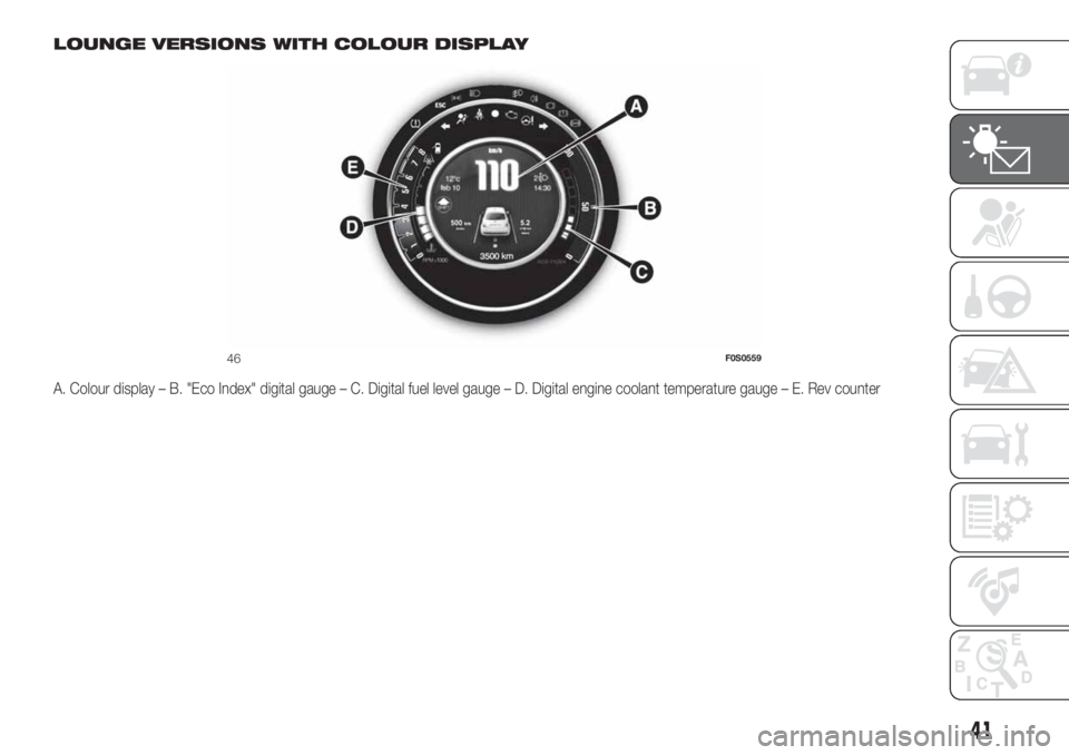FIAT 500 2020 Owner handbook (in English) LOUNGE VERSIONS WITH COLOUR DISPLAY
A. Colour display – B. "Eco Index" digital gauge – C. Digital fuel level gauge – D. Digital engine coolant temperature gauge – E. Rev counter
46F0S0 FIAT 500 2020 Owner handbook (in English) LOUNGE VERSIONS WITH COLOUR DISPLAY
A. Colour display – B. "Eco Index" digital gauge – C. Digital fuel level gauge – D. Digital engine coolant temperature gauge – E. Rev counter
46F0S0
