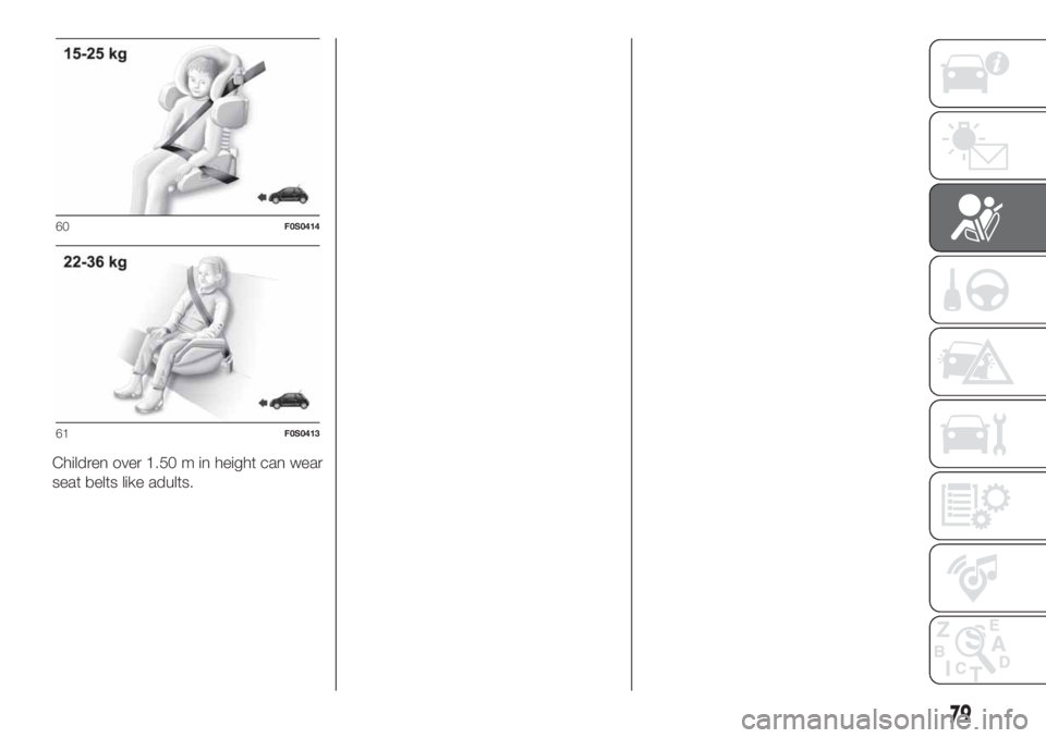 FIAT 500 2020 Owner handbook (in English) Children over 1.50 m in height can wear
seat belts like adults.
60F0S0414
61F0S0413
79 FIAT 500 2020 Owner handbook (in English) Children over 1.50 m in height can wear
seat belts like adults.
60F0S0414
61F0S0413
79