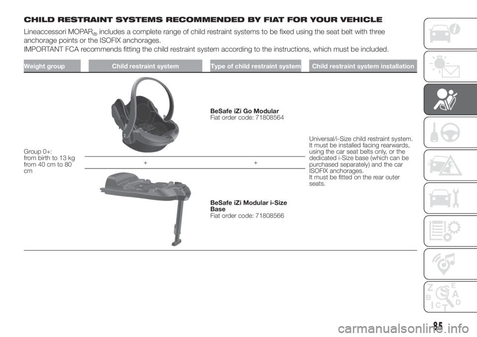 FIAT 500 2019  Owner handbook (in English) CHILD RESTRAINT SYSTEMS RECOMMENDED BY FIAT FOR YOUR VEHICLE
Lineaccessori MOPAR
®includes a complete range of child restraint systems to be fixed using the seat belt with three
anchorage points or t