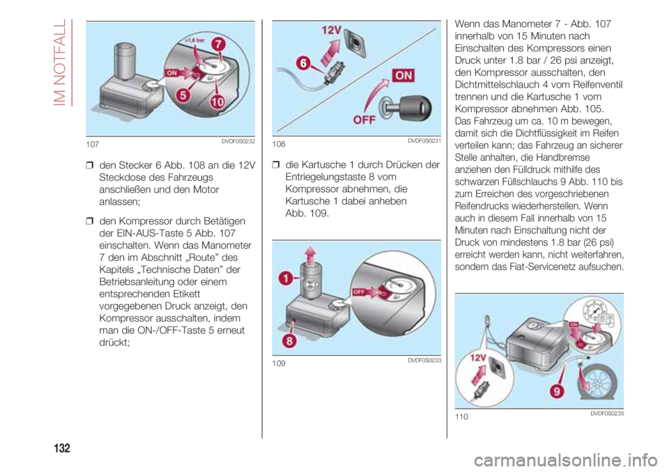 FIAT 500 2018  Betriebsanleitung (in German) IM NOTFALL
132
❒  den Stecker 6 Abb. 108 an die 12V
Steckdose des Fahrzeugs
anschließen und den Motor
anlassen;
❒  den Kompressor durch Betätigen
der EIN-AUS-Taste 5 Abb. 107
einschalten. Wenn d