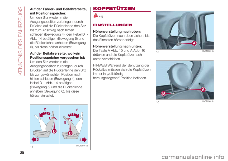FIAT 500 2018  Betriebsanleitung (in German) KENNTNIS DES FAHRZEUGS
30
Auf der Fahrer- und Beifahrerseite, 
mit Positionsspeicher: 
Um den Sitz wieder in die
Ausgangsposition zu bringen, durch
Drücken auf die Rückenlehne den Sitz
bis zum Ansch