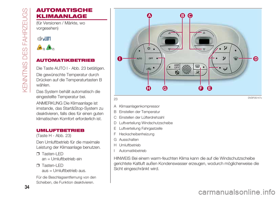 FIAT 500 2018  Betriebsanleitung (in German) KENNTNIS DES FAHRZEUGS
34
AUTOMATISCHE
KLIMAANLAGE
(für Versionen / Märkte, wo
vorgesehen)
3) 2)
AUTOMATIKBETRIEB
Die Taste AUTO I - Abb. 23 betätigen.
Die gewünschte Temperatur durch
Drücken auf