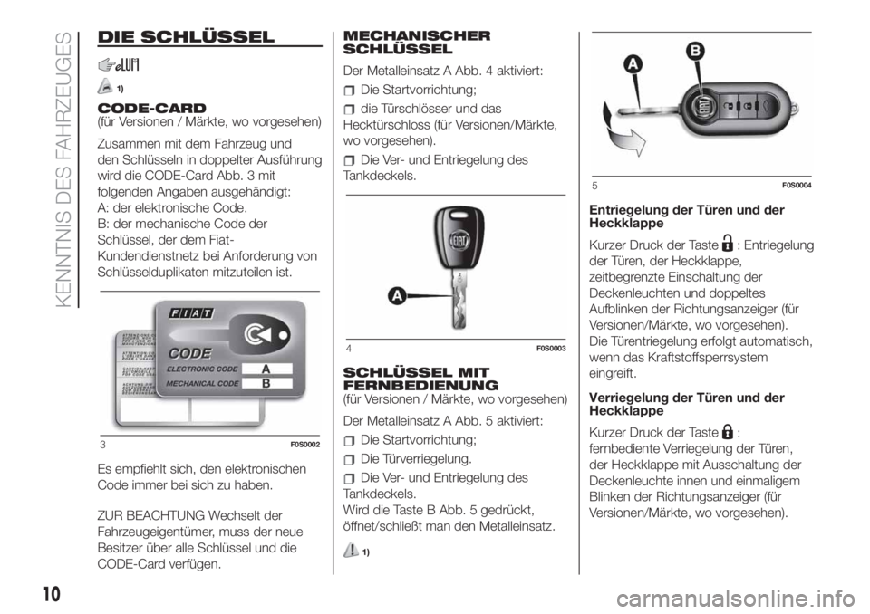 FIAT 500 2020  Betriebsanleitung (in German) DIE SCHLÜSSEL
1)
CODE-CARD
(für Versionen / Märkte, wo vorgesehen)
Zusammen mit dem Fahrzeug und
den Schlüsseln in doppelter Ausführung
wird die CODE-Card Abb. 3 mit
folgenden Angaben ausgehändi