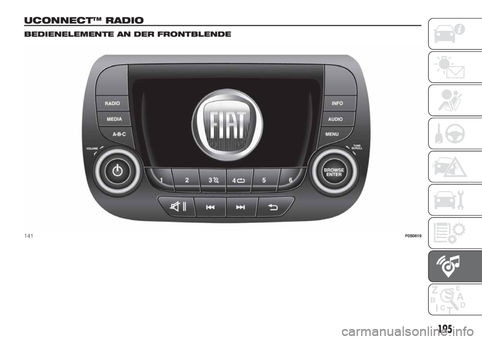 FIAT 500 2019  Betriebsanleitung (in German) UCONNECT™ RADIO.
BEDIENELEMENTE AN DER FRONTBLENDE
141F0S0619
195 