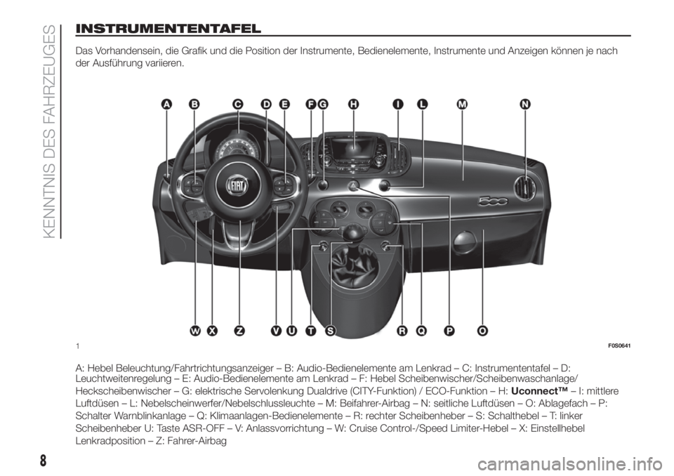 FIAT 500 2019  Betriebsanleitung (in German) INSTRUMENTENTAFEL
Das Vorhandensein, die Grafik und die Position der Instrumente, Bedienelemente, Instrumente und Anzeigen können je nach
der Ausführung variieren.
A: Hebel Beleuchtung/Fahrtrichtung