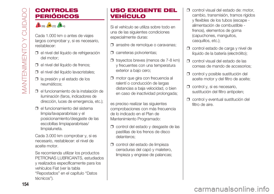 FIAT 500 2018  Manual de Empleo y Cuidado (in Spanish) MANTENIMIENTO Y CUIDADO
154
CONTROLES
PERIÓDICOS 
39) 22) 4)
Cada 1.000 km o antes de viajes
largos comprobar y, si es necesario,
restablecer:
❒  el nivel del líquido de refrigeración
del motor; 