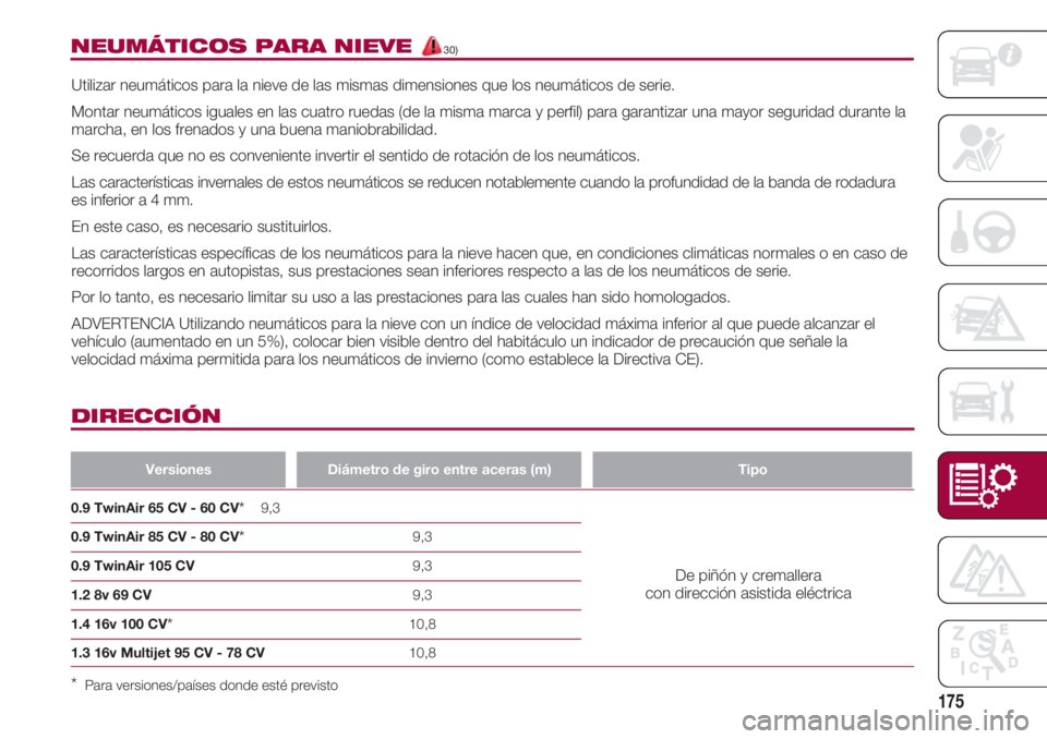 FIAT 500 2018  Manual de Empleo y Cuidado (in Spanish) 175
NEUMÁTICOS PARA NIEVE 30)
Utilizar neumáticos para la nieve de las mismas dimensiones que los neumáticos de serie. 
Montar neumáticos iguales en las cuatro ruedas (de la misma marca y perfil) 