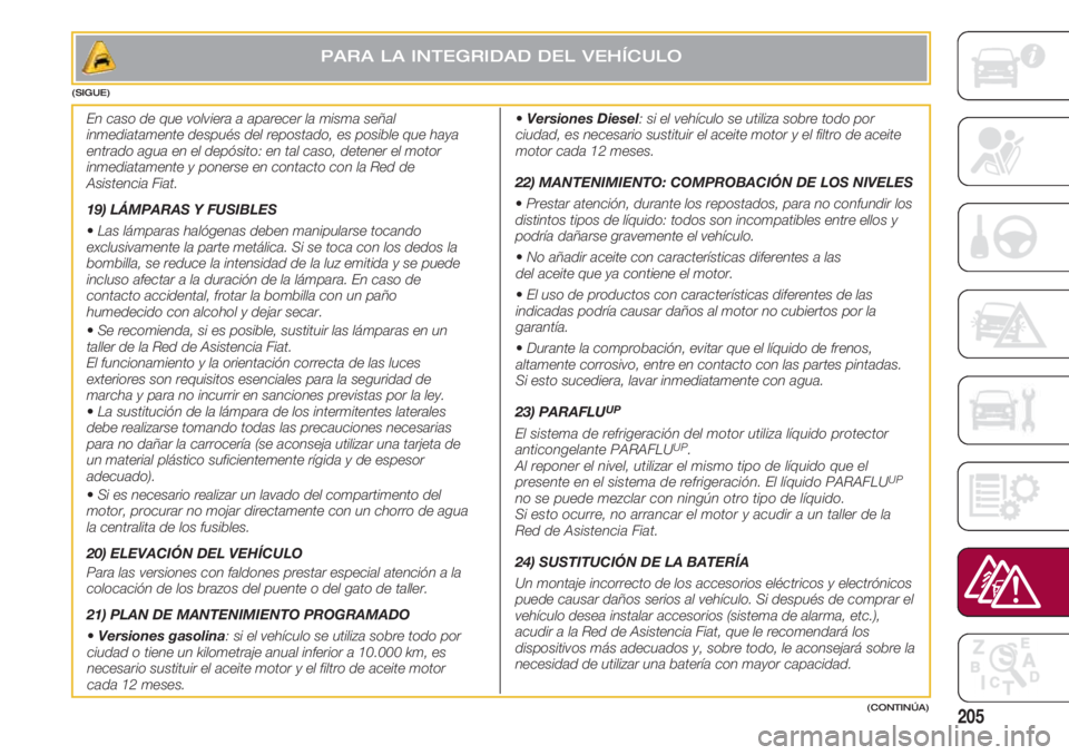 FIAT 500 2018  Manual de Empleo y Cuidado (in Spanish) 205
PARA LA INTEGRIDAD DEL VEHÍCULO
(CONTINÚA) (SIGUE)
En caso de que volviera a aparecer la misma señal
inmediatamente después del repostado, es posible que haya
entrado agua en el depósito: en 