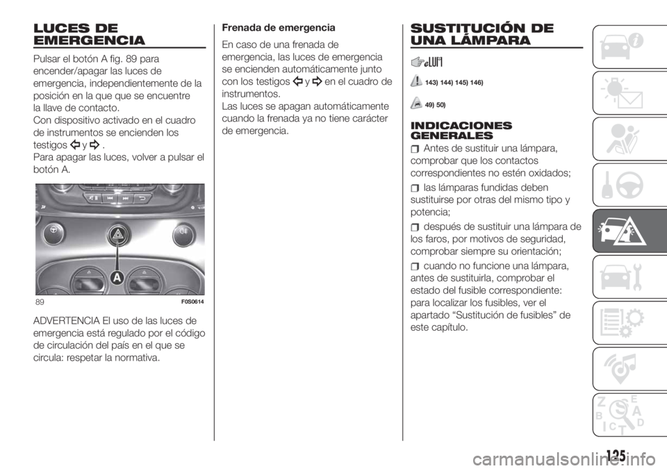 FIAT 500 2020 Manual de Empleo y Cuidado (in Spanish) LUCES DE
EMERGENCIA
Pulsar el botón A fig. 89 para
encender/apagar las luces de
emergencia, independientemente de la
posición en la que que se encuentre
la llave de contacto.
Con dispositivo activad FIAT 500 2020 Manual de Empleo y Cuidado (in Spanish) LUCES DE
EMERGENCIA
Pulsar el botón A fig. 89 para
encender/apagar las luces de
emergencia, independientemente de la
posición en la que que se encuentre
la llave de contacto.
Con dispositivo activad