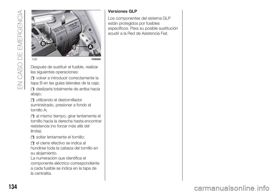 FIAT 500 2020 Manual de Empleo y Cuidado (in Spanish) Después de sustituir el fusible, realizar
las siguientes operaciones:
volver a introducir correctamente la
tapa B en las guías laterales de la caja;
deslizarla totalmente de arriba hacia
abajo;
util FIAT 500 2020 Manual de Empleo y Cuidado (in Spanish) Después de sustituir el fusible, realizar
las siguientes operaciones:
volver a introducir correctamente la
tapa B en las guías laterales de la caja;
deslizarla totalmente de arriba hacia
abajo;
util