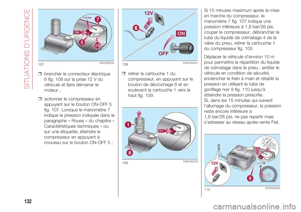 FIAT 500 2018 Notice dentretien (in French) SITUATIONS D’URGENCE
132
❒ brancher le connecteur électrique
6 fig. 108 sur la prise 12 V du
véhicule et faire démarrer le
moteur ;
❒ actionner le compresseur en
appuyant sur le bouton ON FIAT 500 2018 Notice dentretien (in French) SITUATIONS D’URGENCE
132
❒ brancher le connecteur électrique
6 fig. 108 sur la prise 12 V du
véhicule et faire démarrer le
moteur ;
❒ actionner le compresseur en
appuyant sur le bouton ON