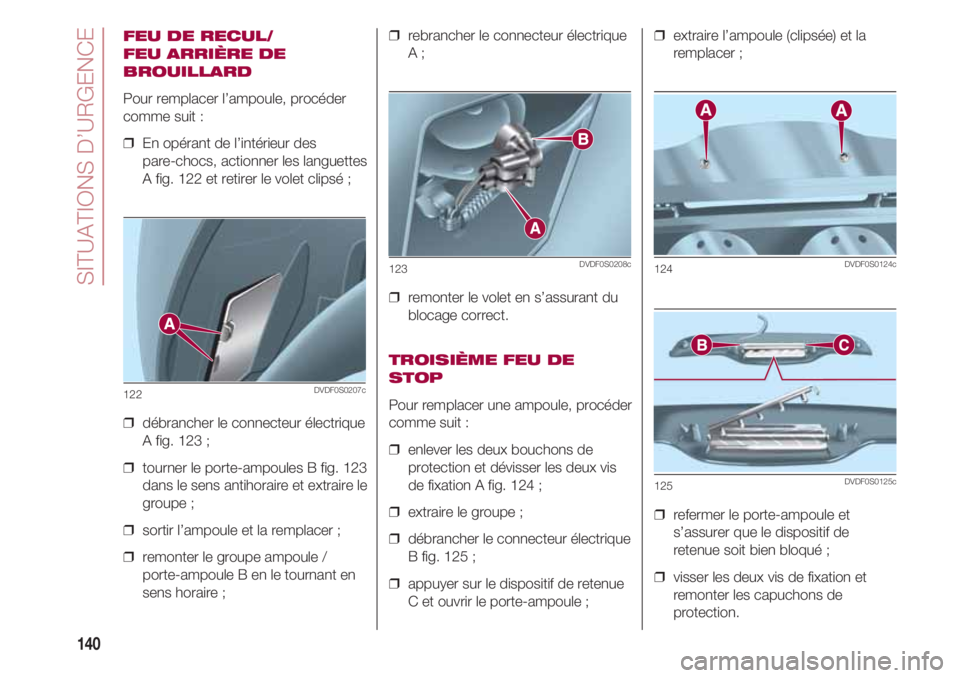 FIAT 500 2018 Notice dentretien (in French) SITUATIONS D’URGENCE
140
FEU DE RECUL/
FEU ARRIÈRE DE
BROUILLARD
Pour remplacer l’ampoule, procéder
comme suit :
❒ En opérant de l’intérieur des
pare-chocs, actionner les languettes
A fi FIAT 500 2018 Notice dentretien (in French) SITUATIONS D’URGENCE
140
FEU DE RECUL/
FEU ARRIÈRE DE
BROUILLARD
Pour remplacer l’ampoule, procéder
comme suit :
❒ En opérant de l’intérieur des
pare-chocs, actionner les languettes
A fi