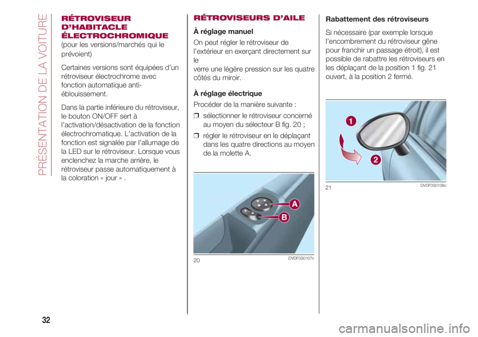 FIAT 500 2018 Notice dentretien (in French) PRÉSENTATION DE LA VOITURE
32
RÉTROVISEUR
D’HABITACLE
ÉLECTROCHROMIQUE
(pour les versions/marchés qui le
prévoient)
Certaines versions sont équipées d’un
rétroviseur électrochrome avec
fo FIAT 500 2018 Notice dentretien (in French) PRÉSENTATION DE LA VOITURE
32
RÉTROVISEUR
D’HABITACLE
ÉLECTROCHROMIQUE
(pour les versions/marchés qui le
prévoient)
Certaines versions sont équipées d’un
rétroviseur électrochrome avec
fo
